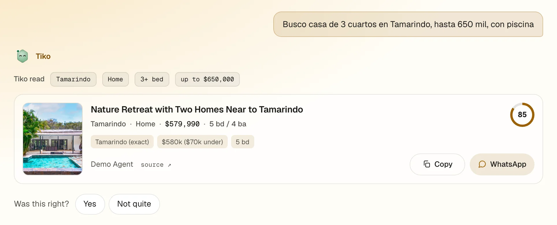 A client's message pasted into HIVE, in Spanish: a 3-bedroom house in Tamarindo up to 650 thousand with a pool. Under it, what Tiko read (Tamarindo, home, 3 or more bedrooms, up to $650,000), the home it found with Copy and WhatsApp, and the question Was this right?
